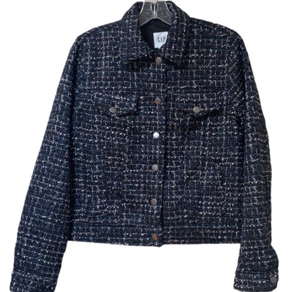 STUNNING NWT GAP ICONIC TWEED JACKET BLUE/ BLACK/ WHITE/ SILVER SIZE L FREE 🎁 - Picture 3 of 11
